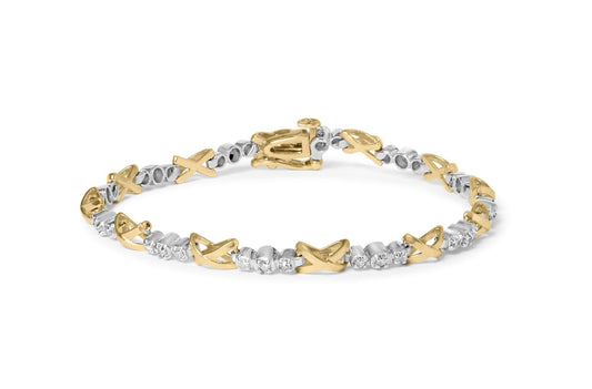 10K Two-Tone Gold 1/2 Cttw Diamond Alternating 3 Stone and X-Link 7’’