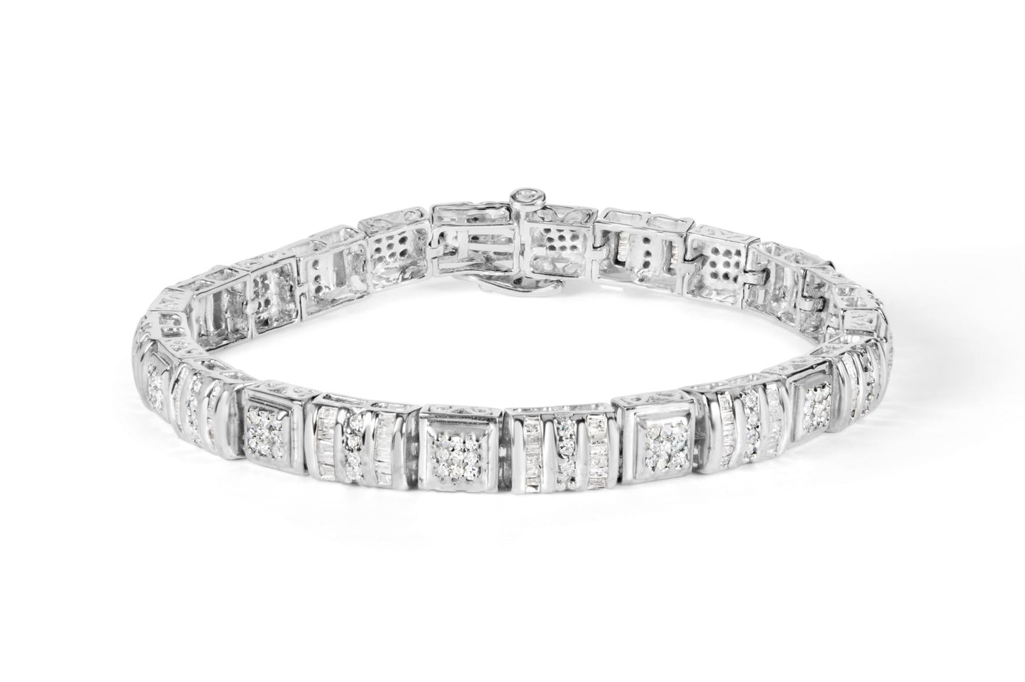 10K White Gold Round and Baguette Cut Diamond Bracelet (2.00 cttw H-I Color