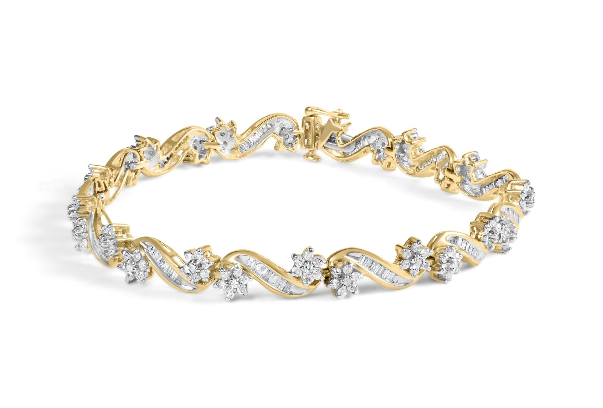 10k Yellow Gold 3.00 Cttw Round-Cut and Baguette-Cut Floral Link 7.25’’