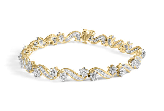 10k Yellow Gold 3.00 Cttw Round-Cut and Baguette-Cut Floral Link 7.25’’