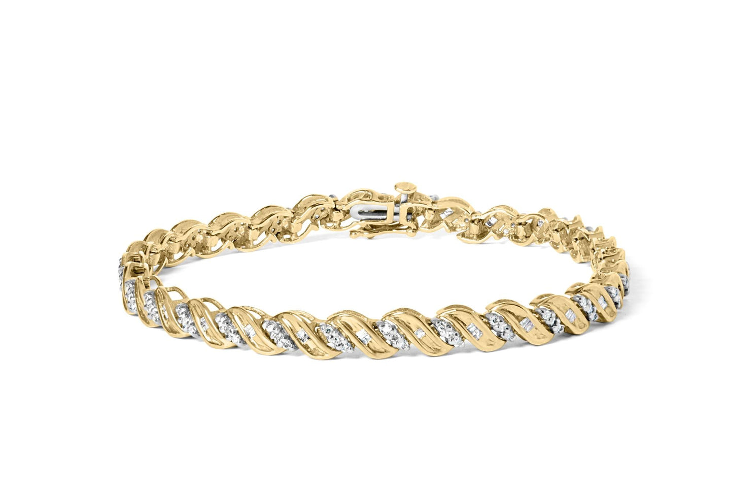 10k Yellow Gold 1.00 Cttw Round-Cut and Baguette-Cut S-Link 7.25’’ Bracelet