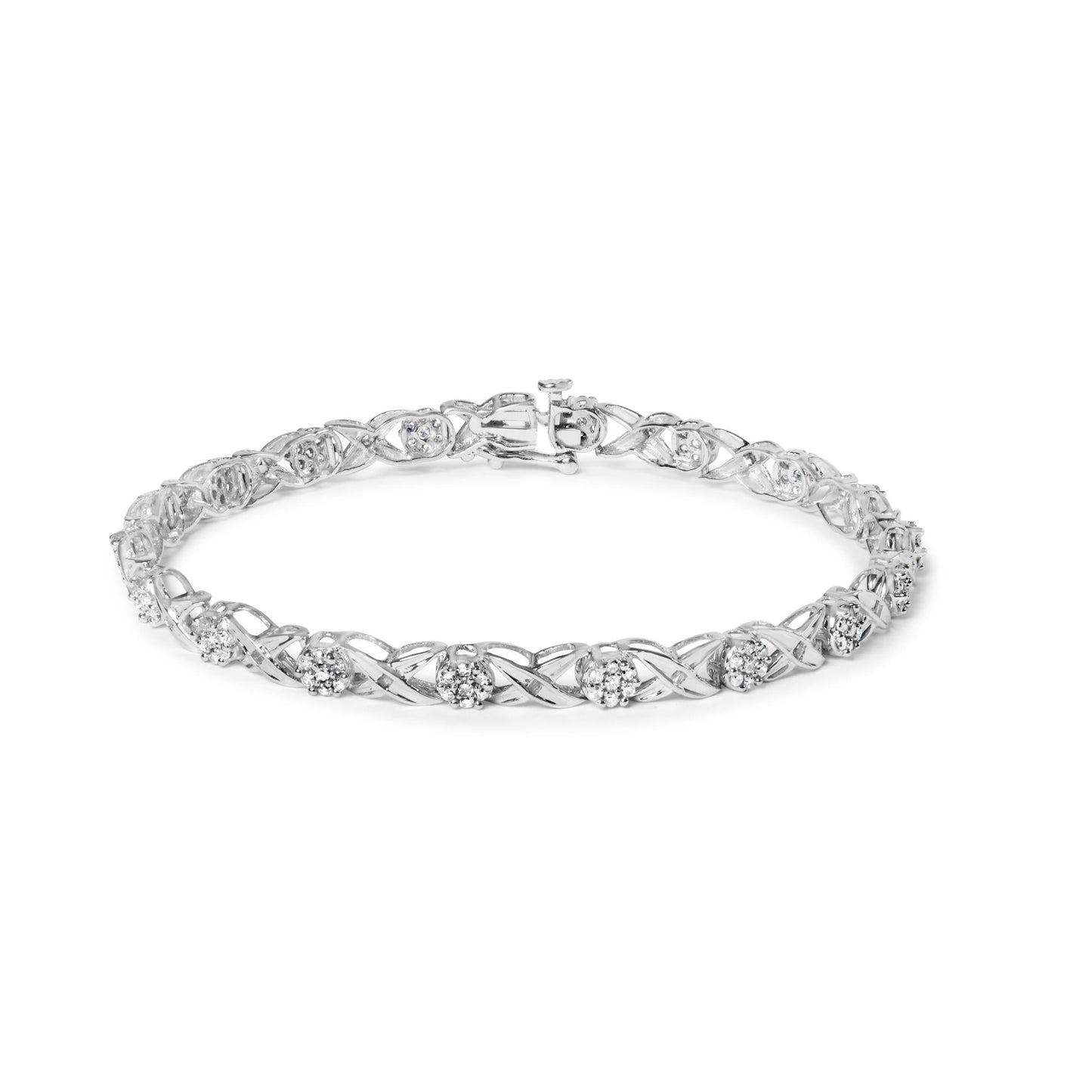 10K White Gold 1.00 Cttw Diamond Floral Cluster and X-Link 7.25’’ Bracelet