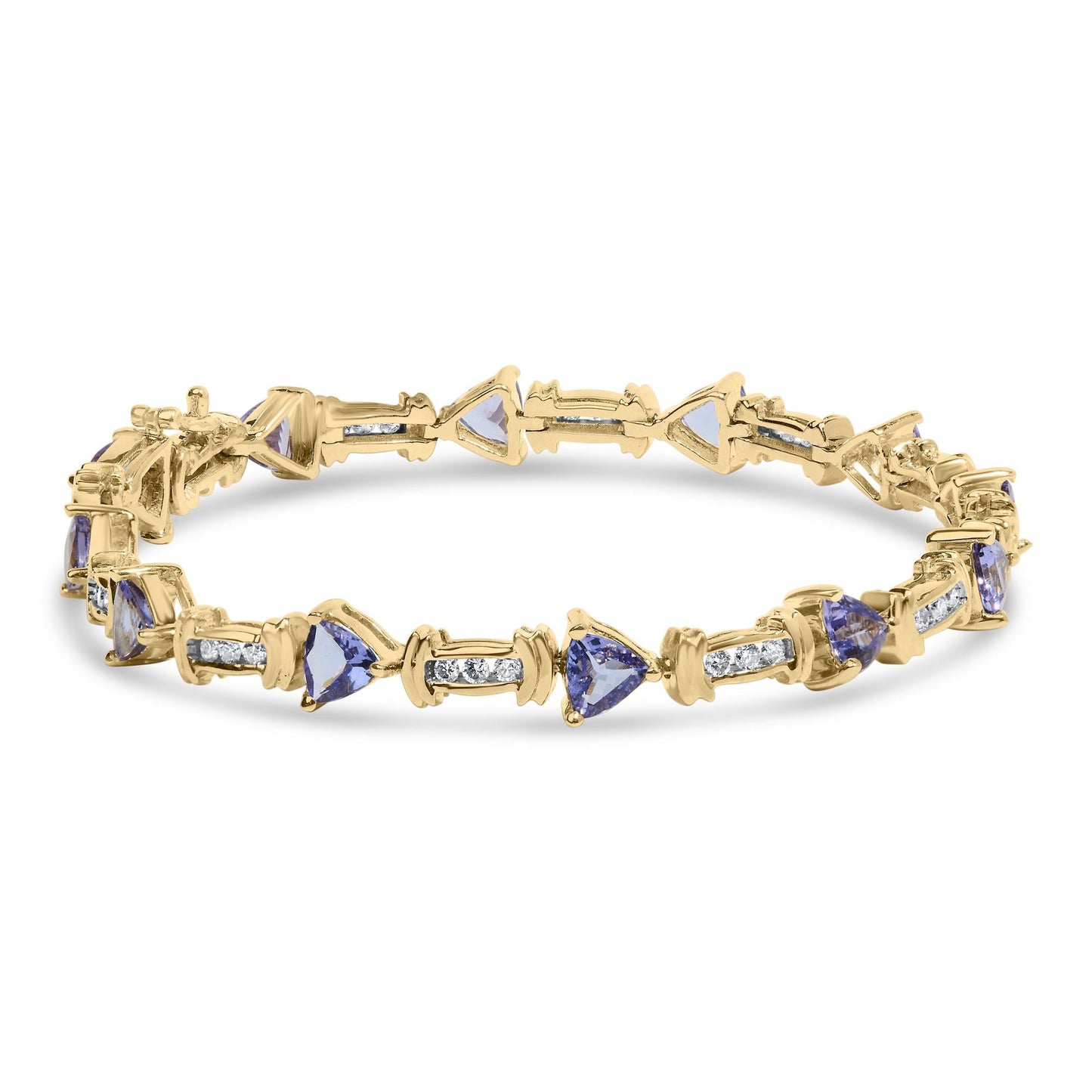 14K Yellow Gold 4x3 Trillion Cut Purple Tanzanite and Diamond Link Bracelet (H-I Color, SI2-I1 Clarity) - 7" Inches