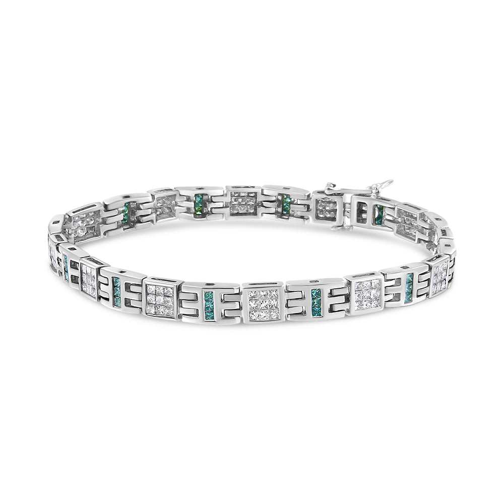 14K White Gold Princess-Cut white and Blue Diamond Fashion Bracelet(3.00