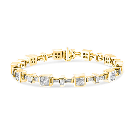 14K Yellow Gold 6 3/4 Cttw Princess and Baguette-Cut Diamond Tennis Bracelet