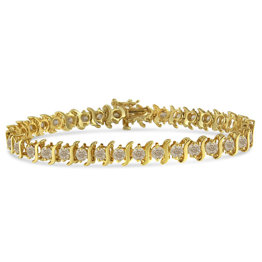 10K Yellow Gold Plated .925 Sterling Silver 7.0 cttw 2-Prong Set Round Brilliant Cut Diamond "S" Link Bracelet (J-K color, I1-I2 clarity) - 7"