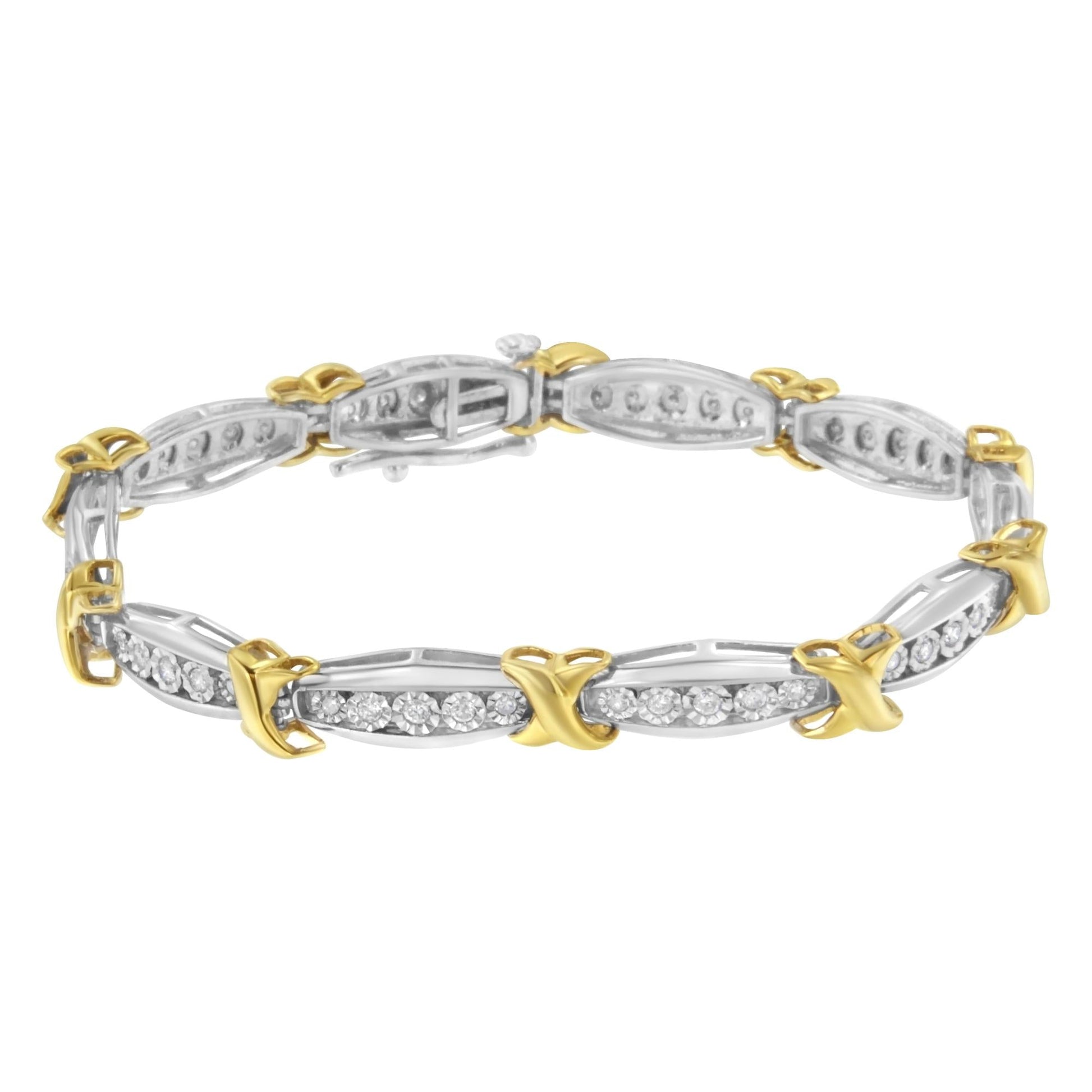 10K Yellow Gold Plated.925 Sterling Silver Two Tone 3/4 CttwDiamond X & O Link