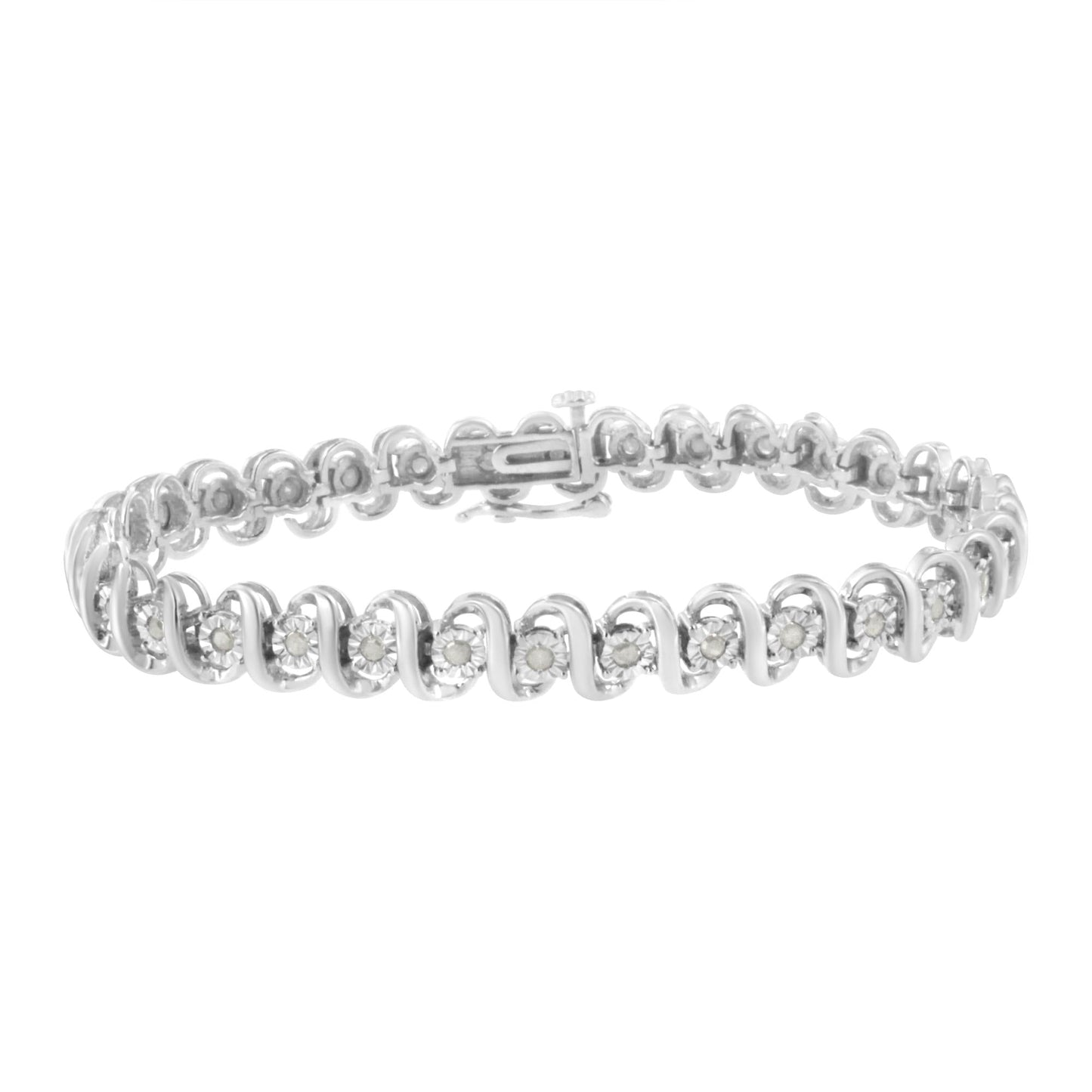 .925 Sterling Silver 1.0 cttw Miracle-Set Round-Cut Diamond ’S’ Link Tennis