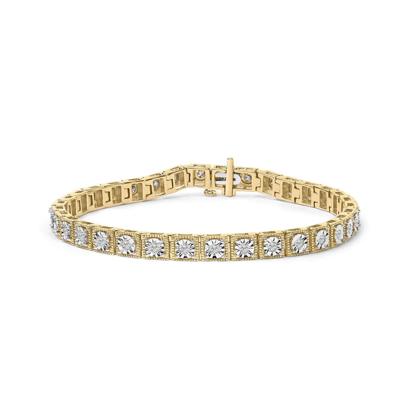 14K Yellow Gold Plated .925 Sterling Silver 1.0 Cttw Miracle Set Diamond Milgrain Link Tennis Bracelet (I-J Color, I2-I3 Clarity) - 7" Inches