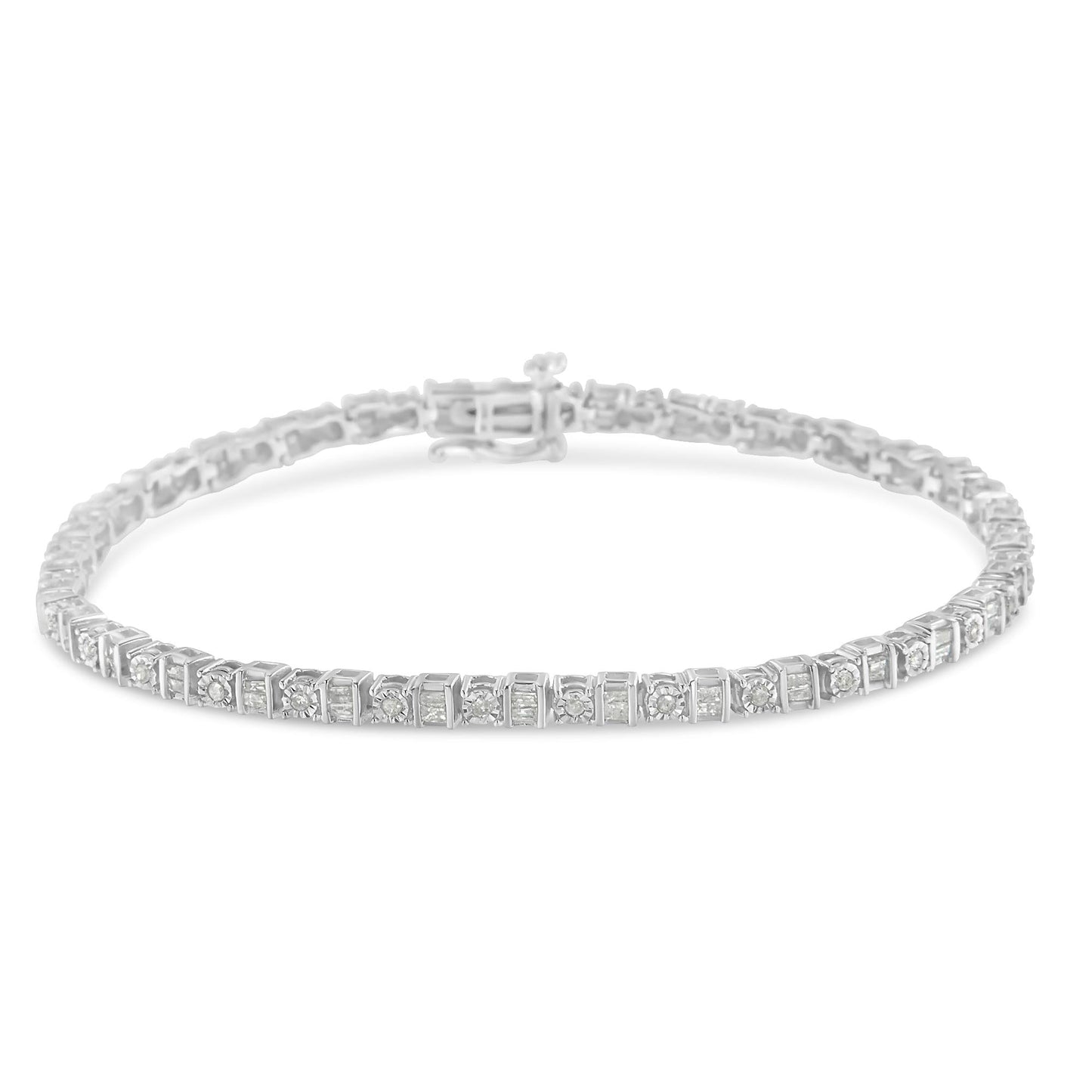 .925 Sterling Silver 1.0 Cttw Round & Baguette Cut Diamond 7" Alternating Round and Square Station Tennis Bracelet (I-J Color, I3 Clarity)