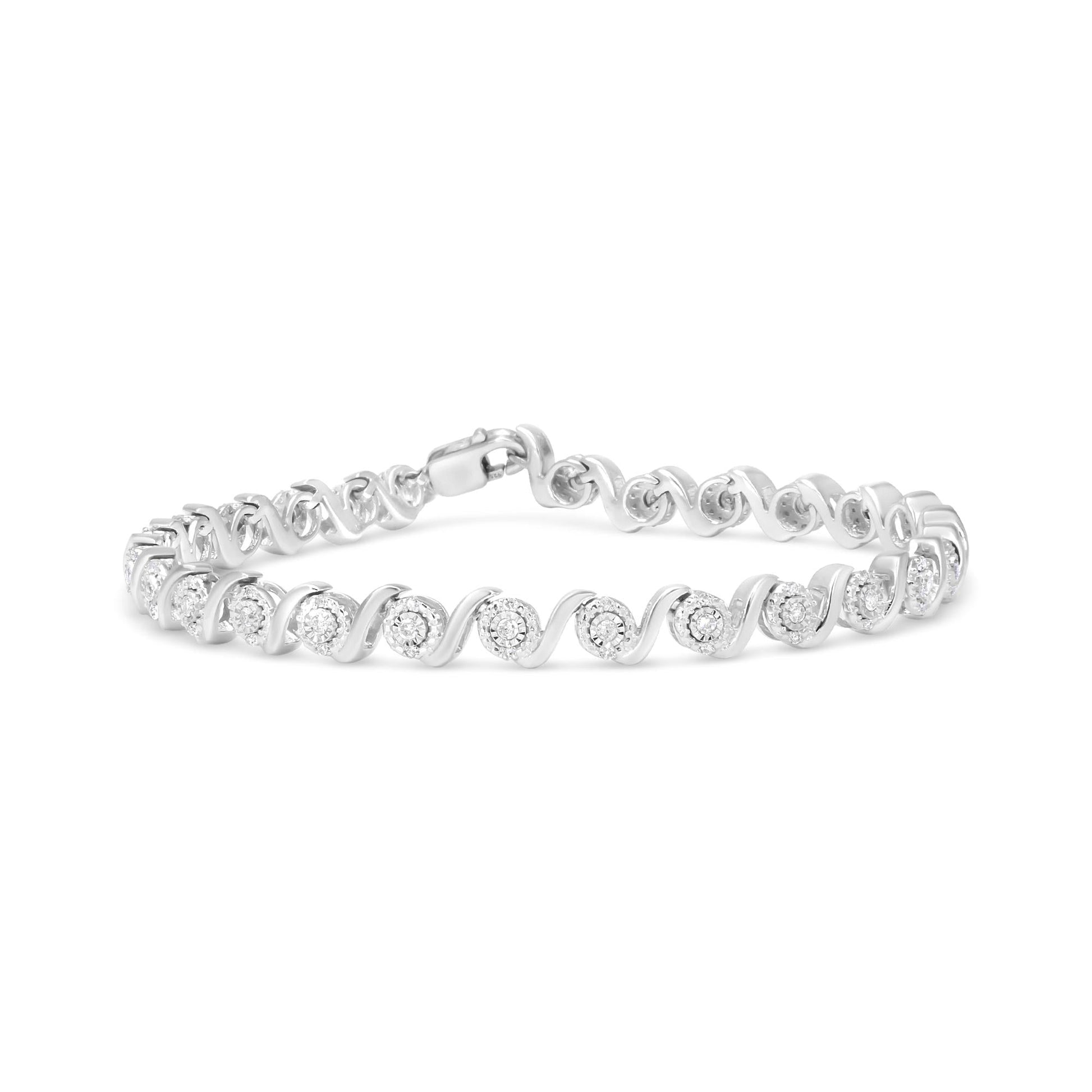 .925 Sterling Silver 1/2 Cttw Round Diamond Halo S-Link Bracelet (I-J Color