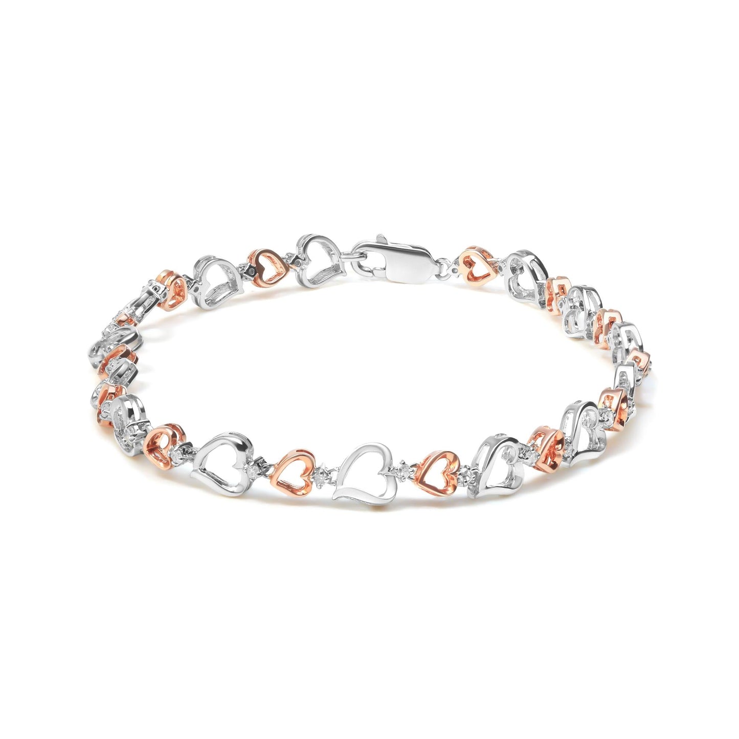 14K Rose Gold Plated.925 Sterling Silver 1/4 Cttw Diamond Heart Link Bracelet