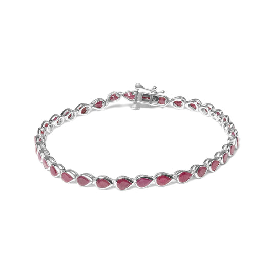 .925 Sterling Silver Bezel Set Pear Shaped Lab Created Pink Ruby Link Bracelet