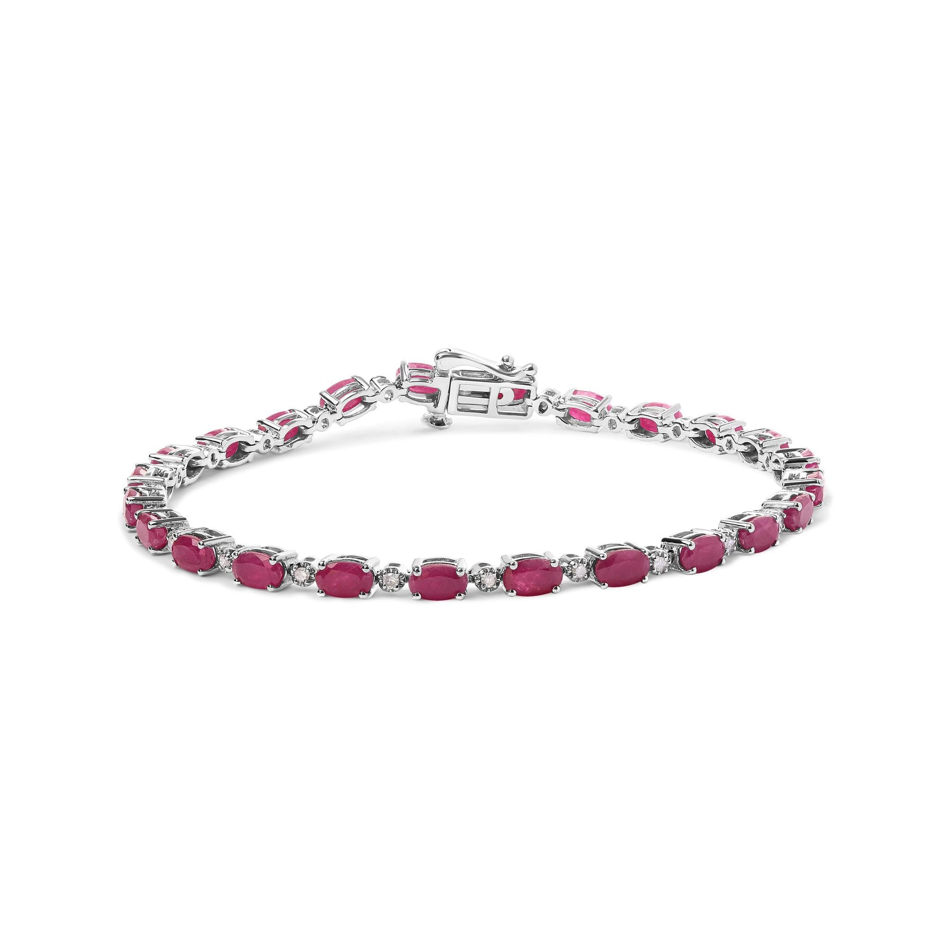 .925 Sterling Silver Oval Ruby and 1/4 Cttw Diamond Link Bracelet - Size