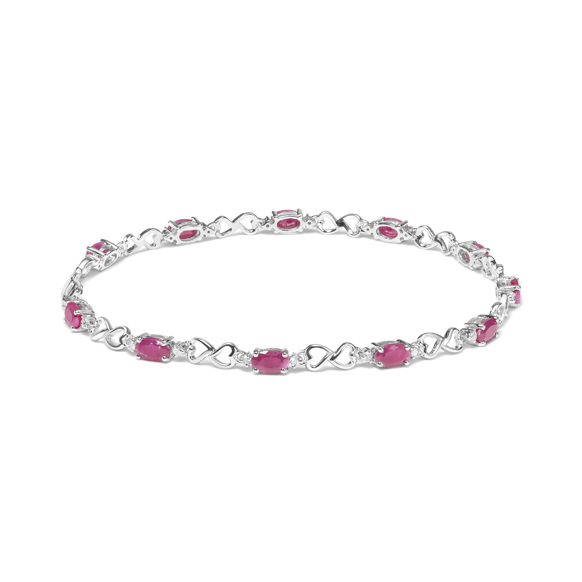 .925 Sterling Silver Pink Oval Shaped Ruby and 1/4 Cttw Diamond 7.25’’ Link