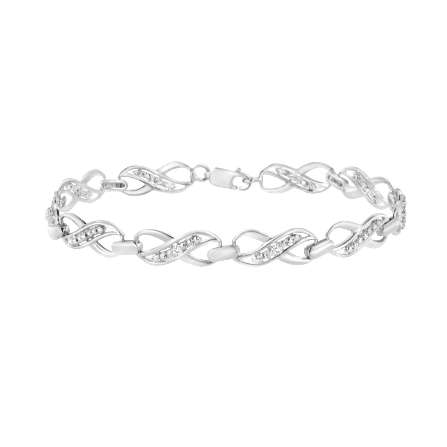 .925 Sterling Silver Prong Set Diamond Accent Ribbon and Infinity Link Bracelet