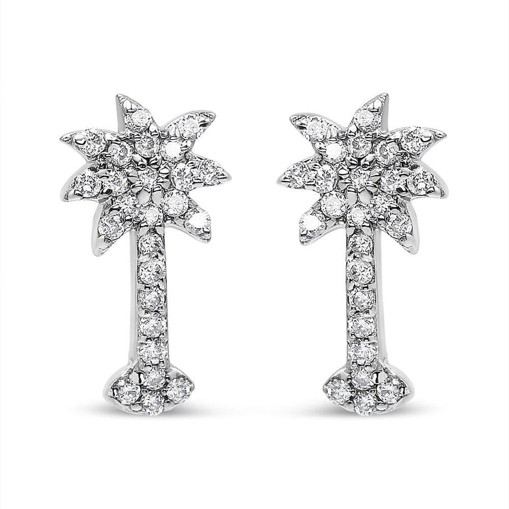 14K White Gold 1/4 Cttw Diamond Palm Tree Push Back Stud Earrings (K-L Color