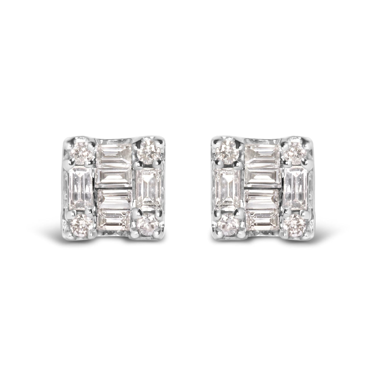 10K White Gold 1/7 Cttw Round and Baguette Diamond Mosaic Square Stud Earrings