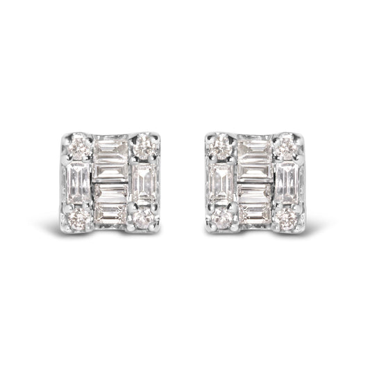 10K White Gold 1/7 Cttw Round and Baguette Diamond Mosaic Square Stud Earrings