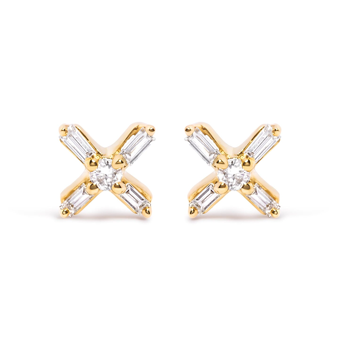 10K Yellow Gold 1/10 Cttw Round and Baguette Diamond Criss Cross X Stud Earring