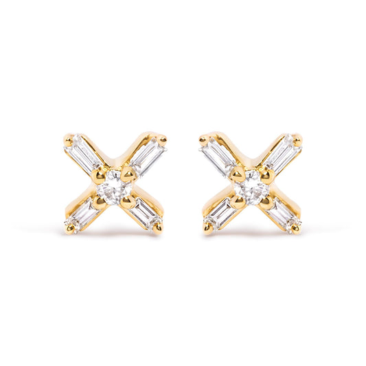 10K Yellow Gold 1/10 Cttw Round and Baguette Diamond Criss Cross X Stud Earring