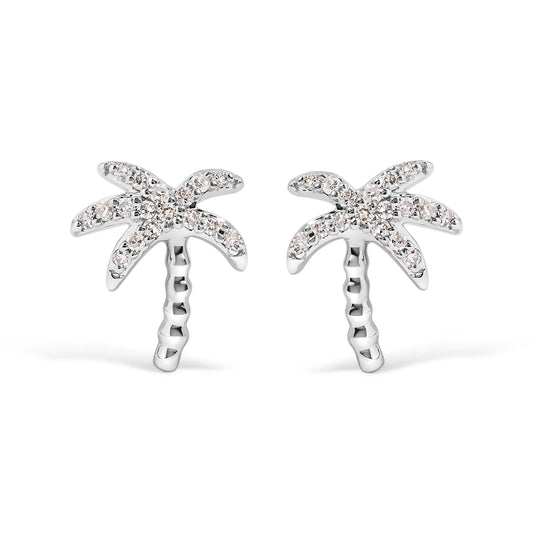 10K White Gold 1/10 Cttw Diamond Encrusted Palm Tree Stud Earrings (H-I Color