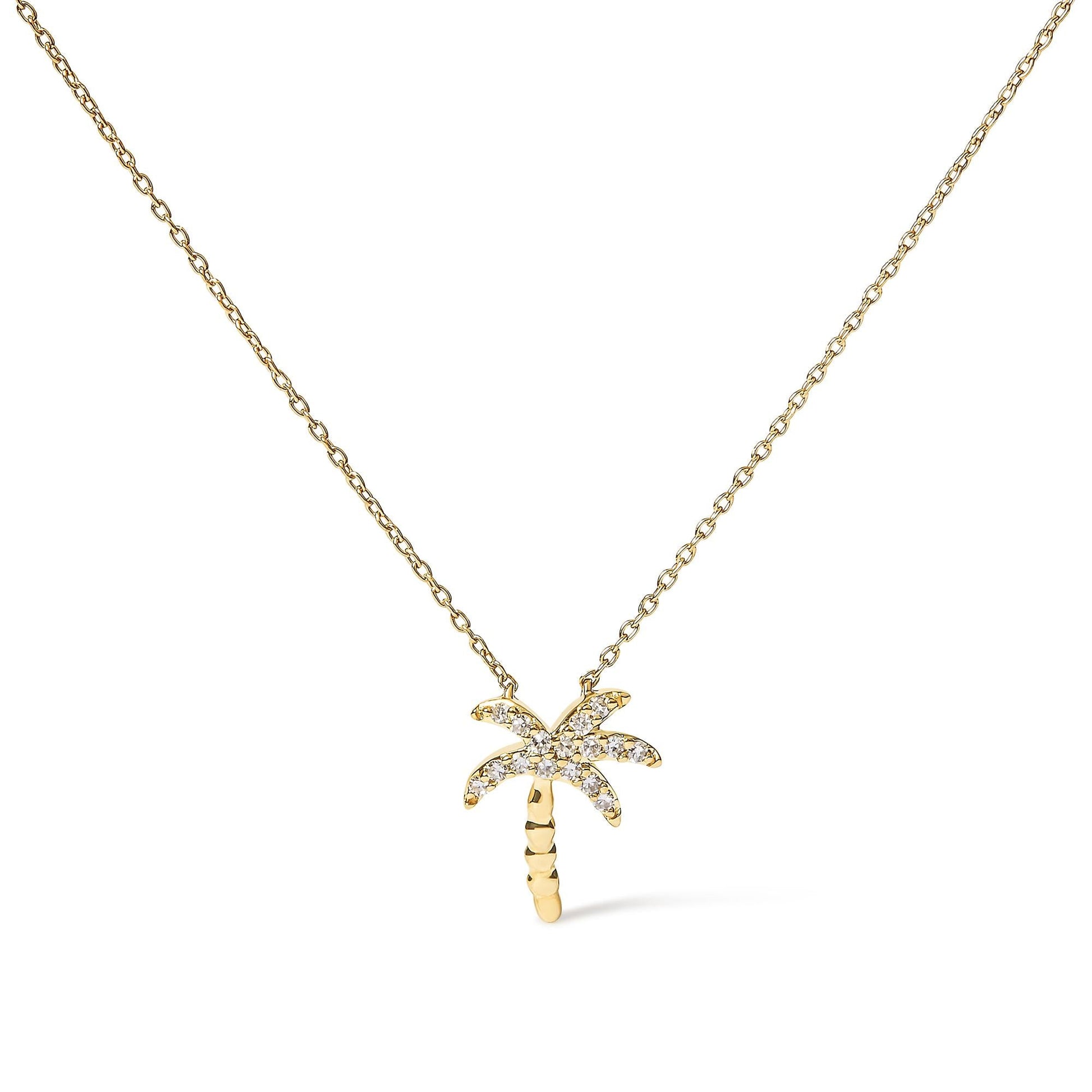 10K Yellow Gold 1/10 Cttw Round Diamond Palm Tree 18’’ Inch Pendant