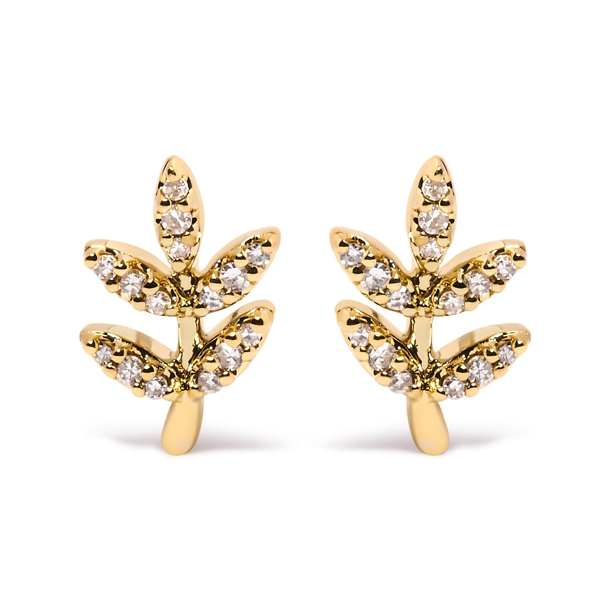 10K Yellow Gold 1/10 Cttw Diamond Accented Leaf and Branch Stud Earrings (H-I