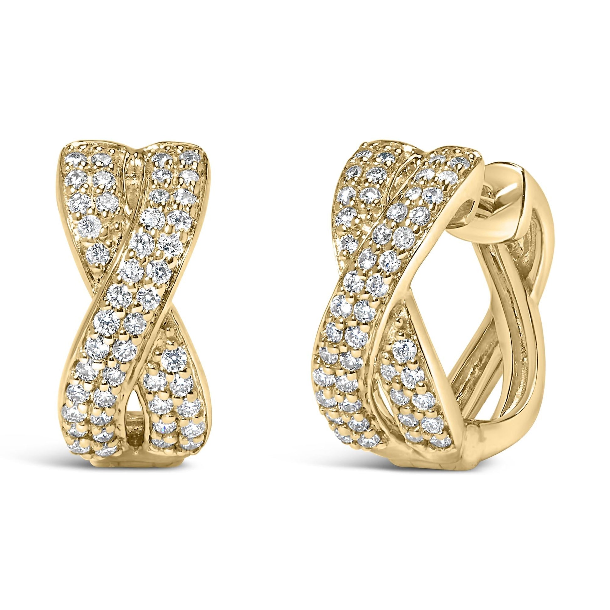 14K Yellow Gold 1/3 Cttw Diamond Criss Cross Huggie Hoop Earrings (G-H Color