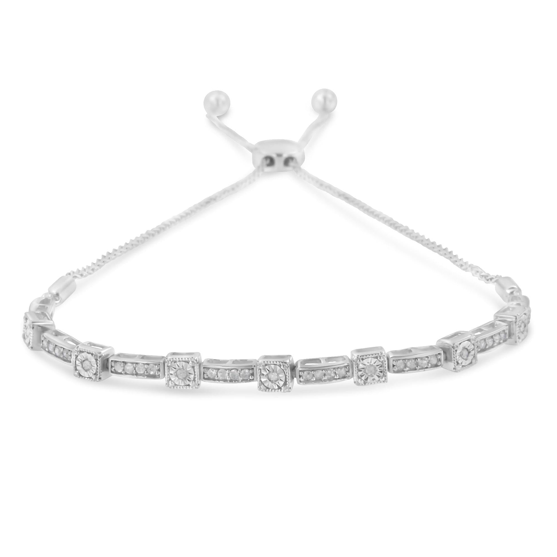 .925 Sterling Silver 1/4 Cttw Diamond 4”-10” Adjustable Bolo Alternating