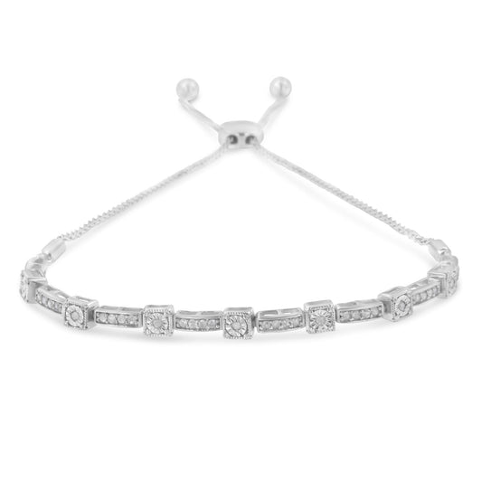 .925 Sterling Silver 1/4 Cttw Diamond 4”-10” Adjustable Bolo Alternating