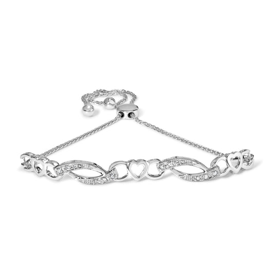 .925 Sterling Silver 1/10 Cttw Diamond Heart Link Adjustable Bolo Bracelet (I-J