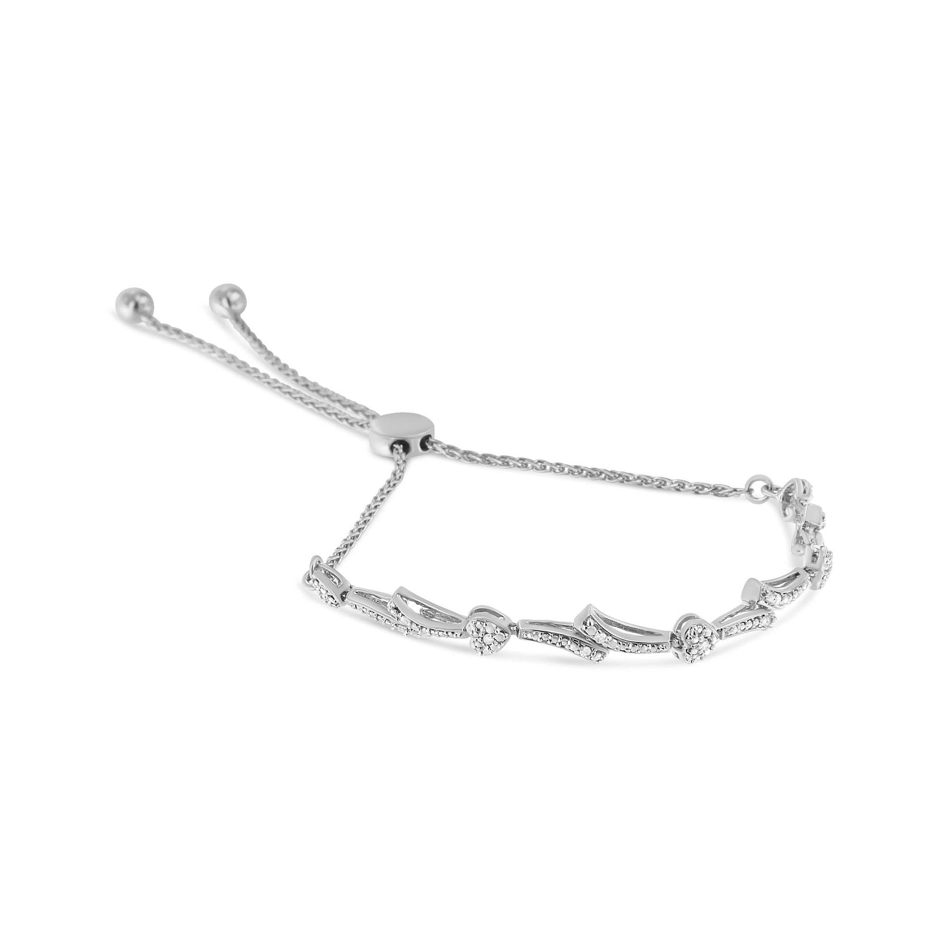 .925 Sterling Silver Diamond Accent Heart and Wave Link Bolo Bracelet (I-J