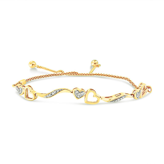 14K Yellow Gold Plated.925 Sterling Silver 1/10 Cttw Diamond Wave and Hearts