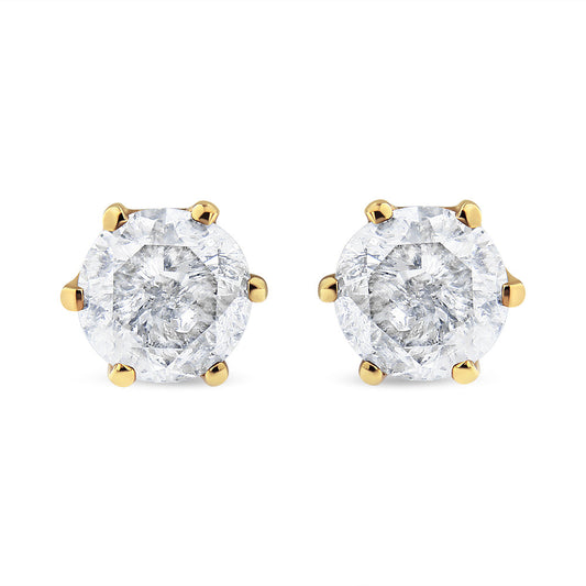 AGS Certified 2.00 Cttw Round Brilliant-Cut Diamond 14K Yellow Gold 6-Prong-Set Solitaire Stud Earrings with Screw Backs (J-K Color, I1-I2 Clarity)