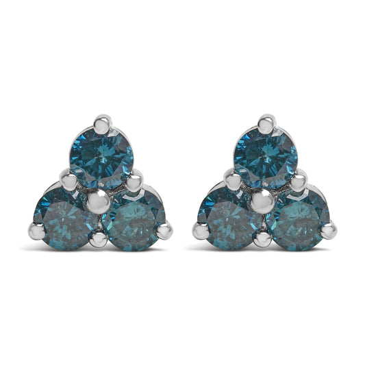 14KT White Gold Treated Blue Diamond Trio Stud Earrings (1 1/3 cttw Blue)