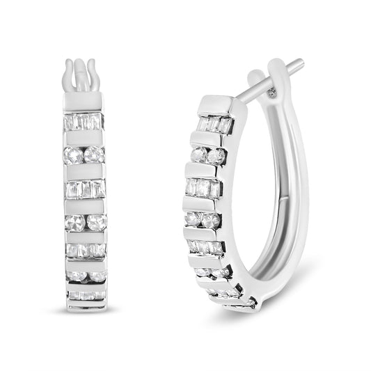 10K Gold Round and Baguette-Cut Diamond Hoop Earrings (I-J Color I2-I3 Clarity)