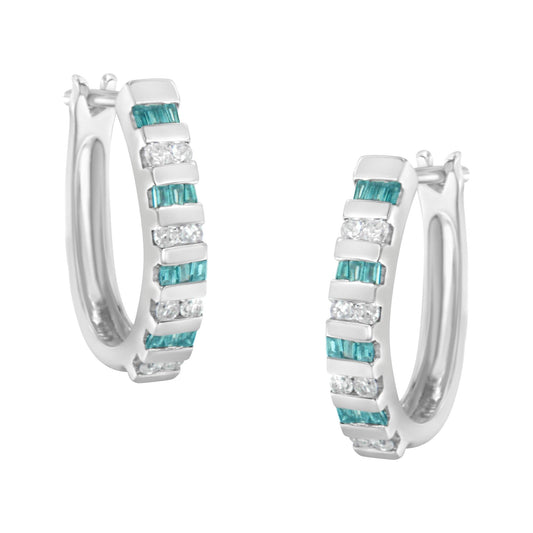 10k White Gold Round and Blue Baguette Diamond Hoop Earrings (0.50 cttw I-J