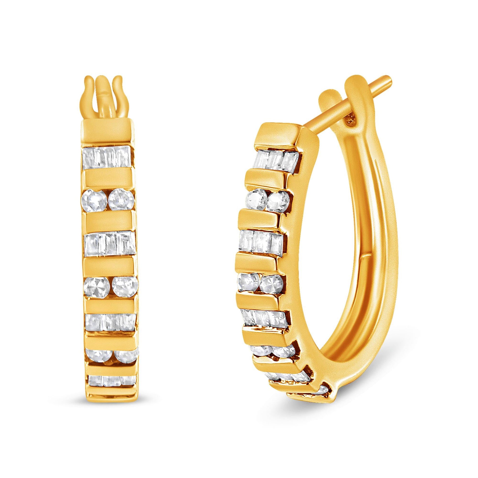 10K Gold Round and Baguette-Cut Diamond Hoop Earrings (I-J Color I2-I3 Clarity)