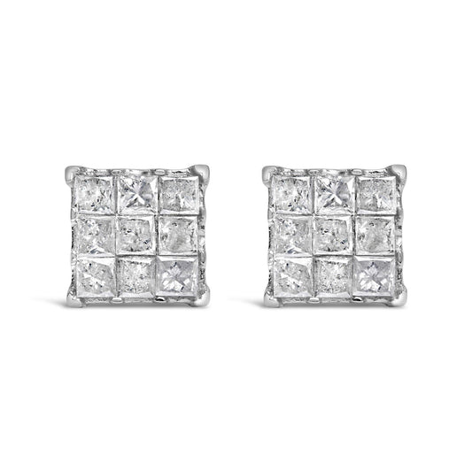 10K White Gold 1/2 Cttw Invisible Princess-cut Diamond 9 Stone Composite Stud