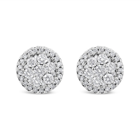 AGS Certified 14K White Gold 1.0 Cttw Brilliant-Cut Diamond Halo-Style Cluster Round Button Stud Earrings (G-H Color, I1-I2 Clarity)