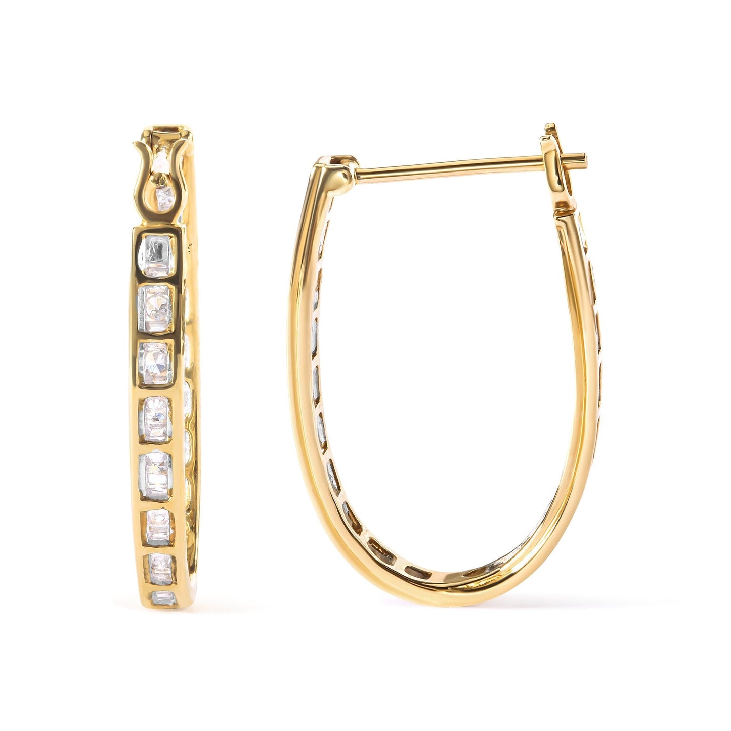 10K Yellow Gold 1.00 Cttw Round and Baguette-Cut Diamond U-Hoop Earrings (H-I