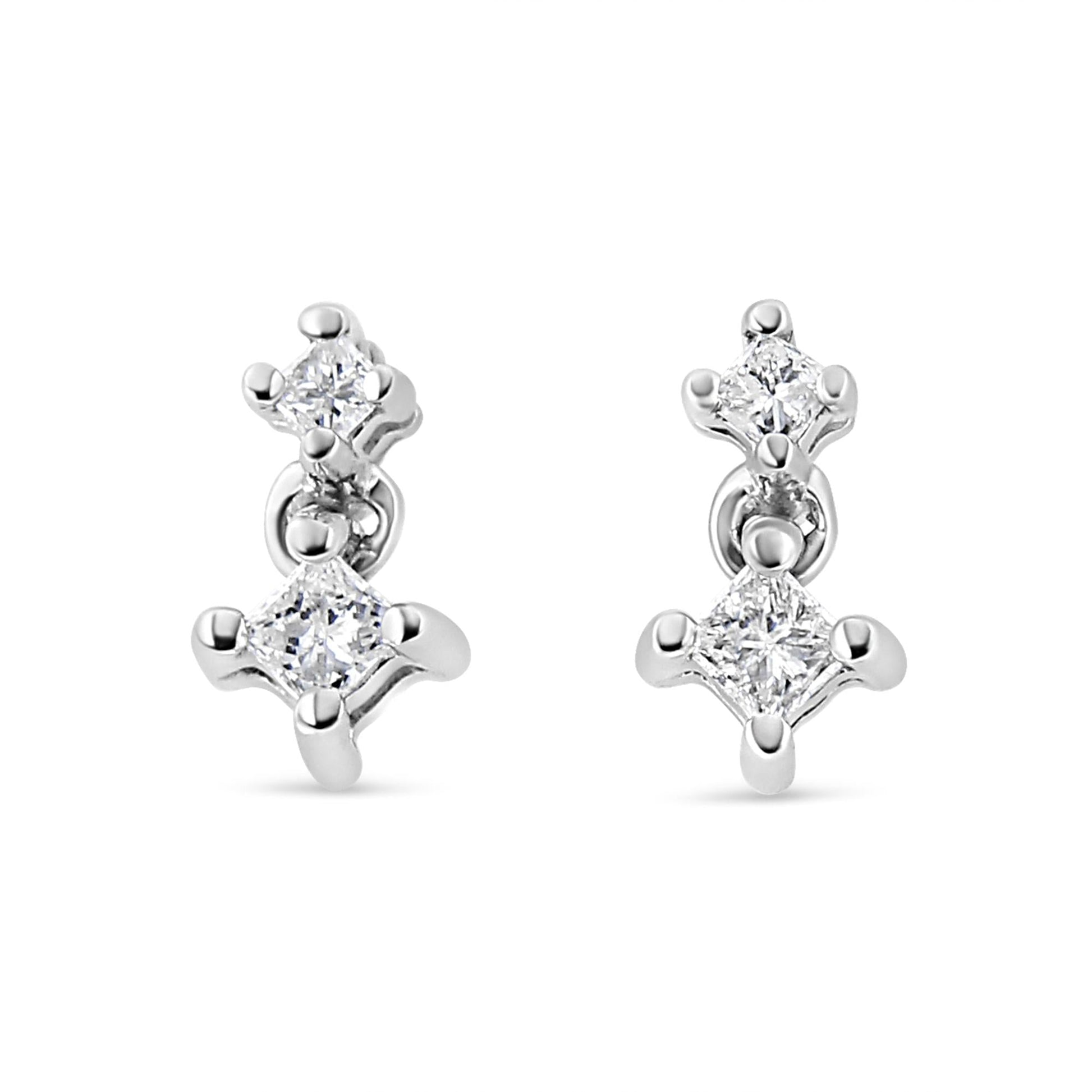 14K White Gold 1/4 Cttw 4 Prong Set Princess-Cut Double Diamond Drop and Dangle