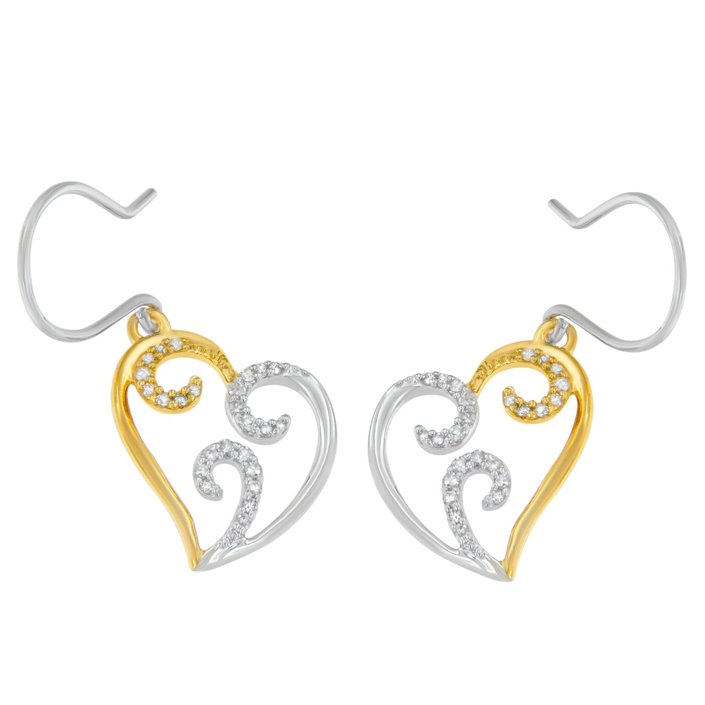 10K Two-tone Gold Round Diamond Heart Dangle Earrings (1/4 cttw I-J Color I2-I3