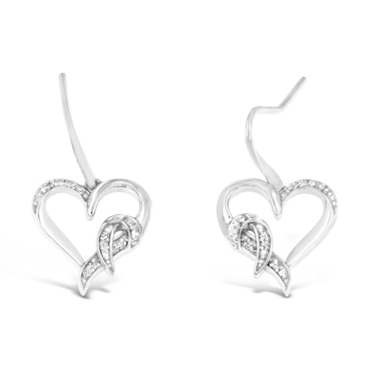 Sterling Silver Round Cut Diamond Heart Dangle Earrings (0.09 cttw H-I Color