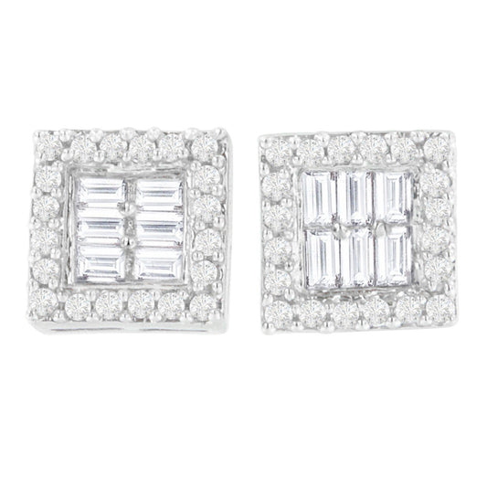 14K White Gold 1 cttw Round and Baguette Diamond Stud Earrings (H-I SI1-SI2)