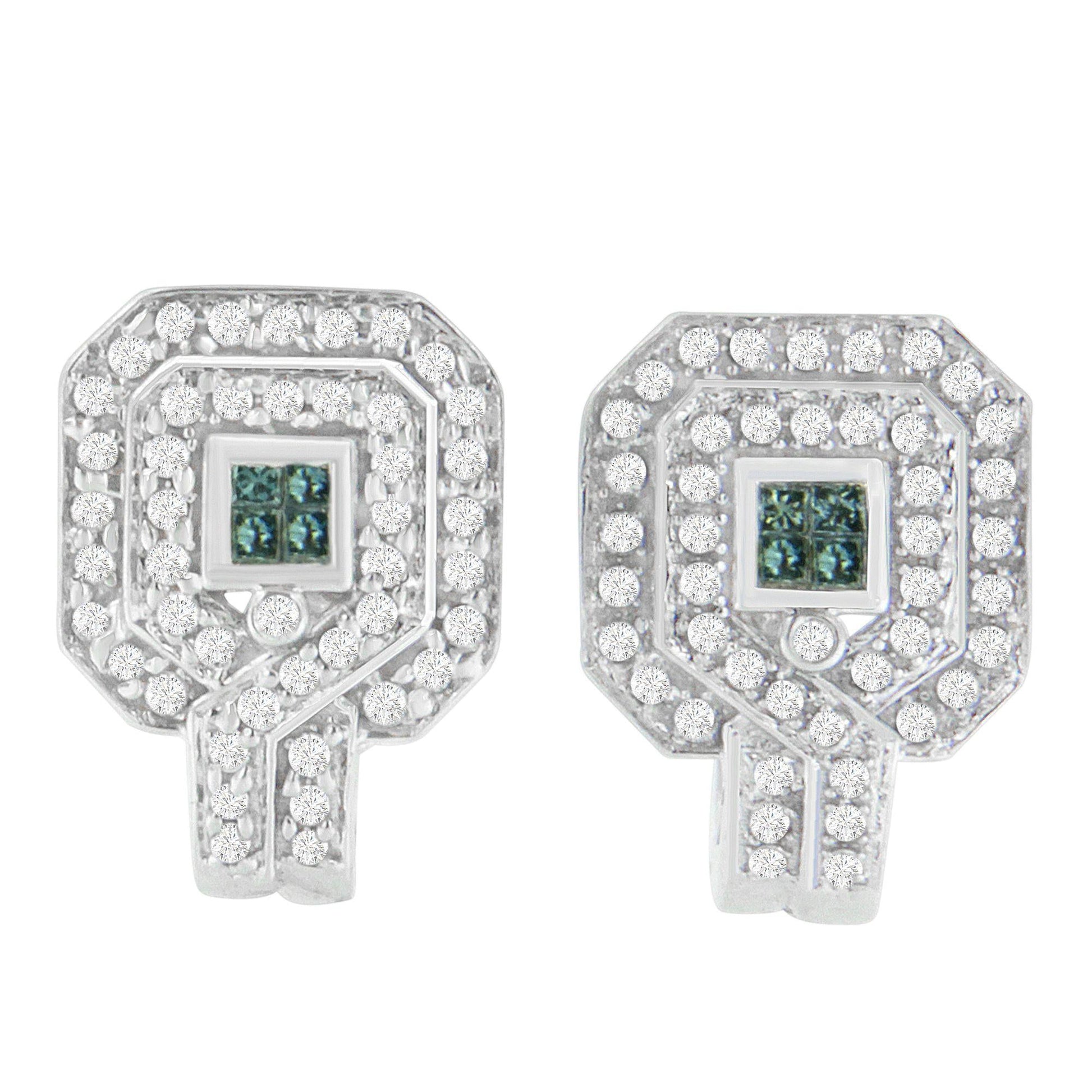 14K White Gold 1ct. TDW Round and Princess-cut Treated Blue Diamond Earrings