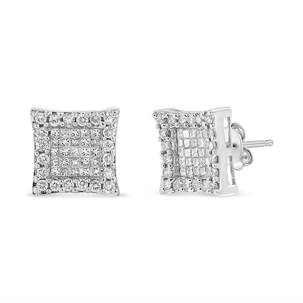 18K White Gold 1.00 Cttw Round and Princess-Cut Diamond Halo Square Stud