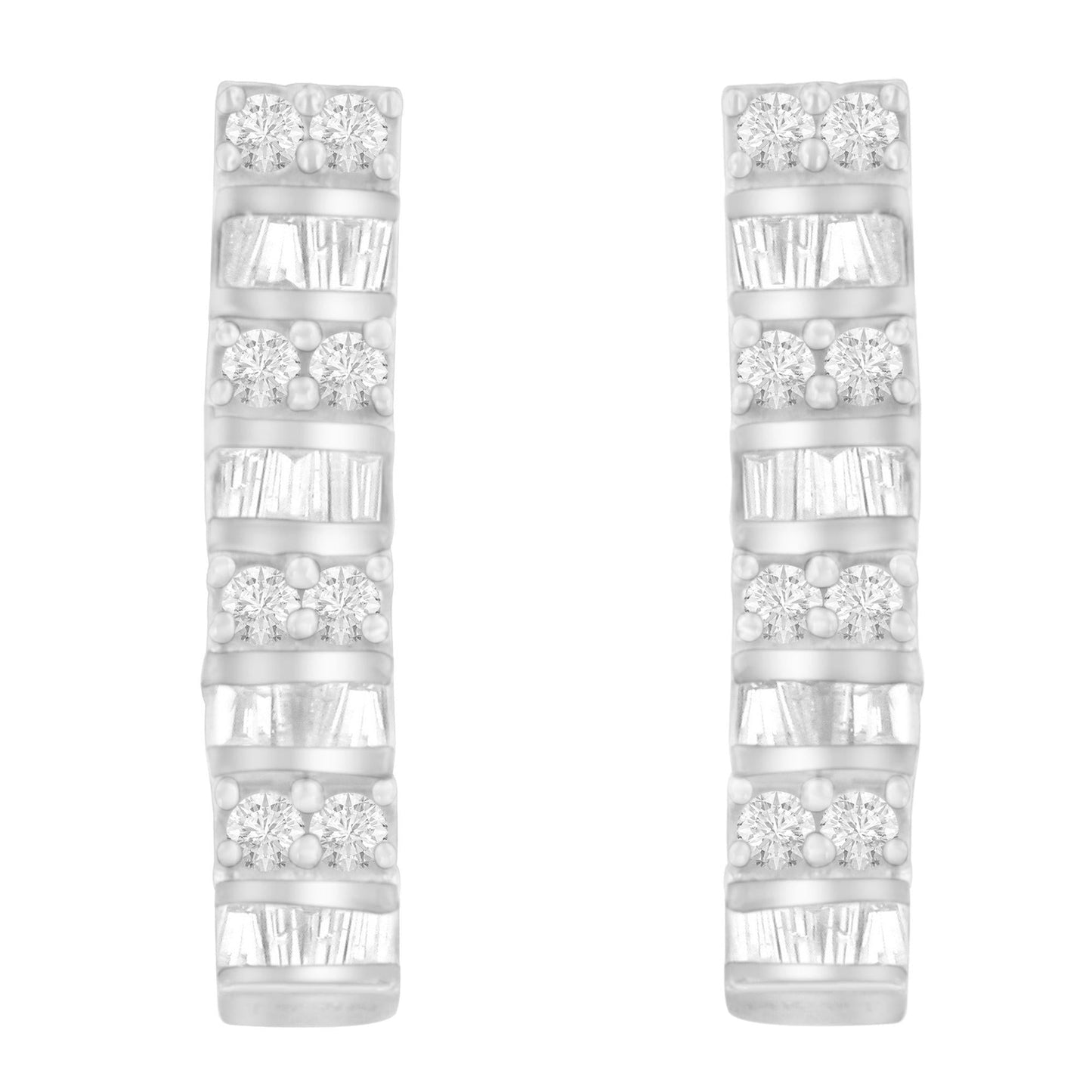 14K White Gold 1 1/3 cttw Round And Baguette Cut Diamond Earrings (H-I SI2-I1)