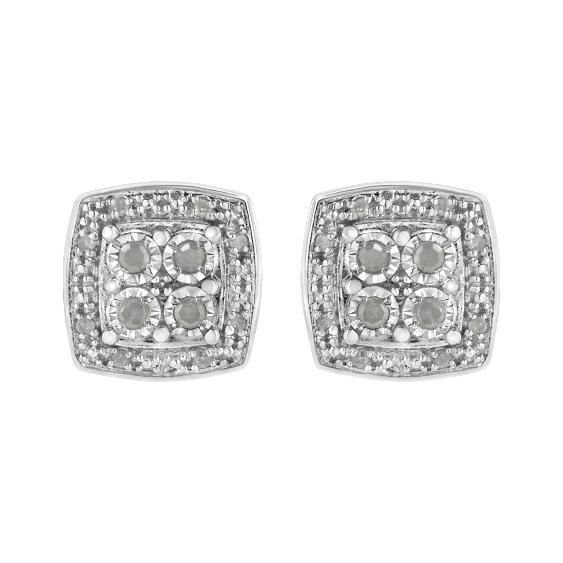 .925 Sterling Silver 1/4 cttw Round Cut Diamond Square Shape Milgrain Stud